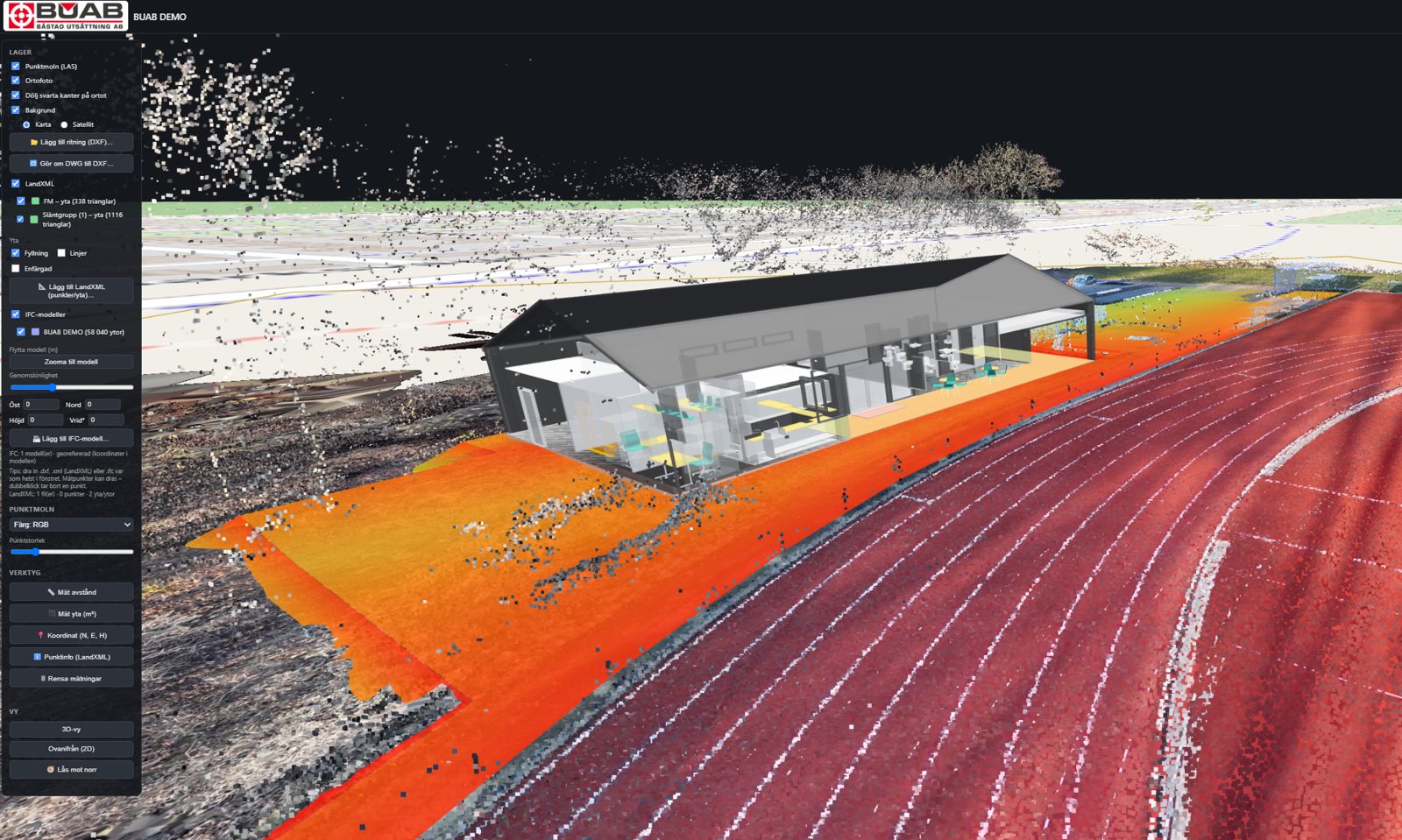 Visaren i 3D: punktmoln, ortofoto, LandXML-ytor och IFC-modell